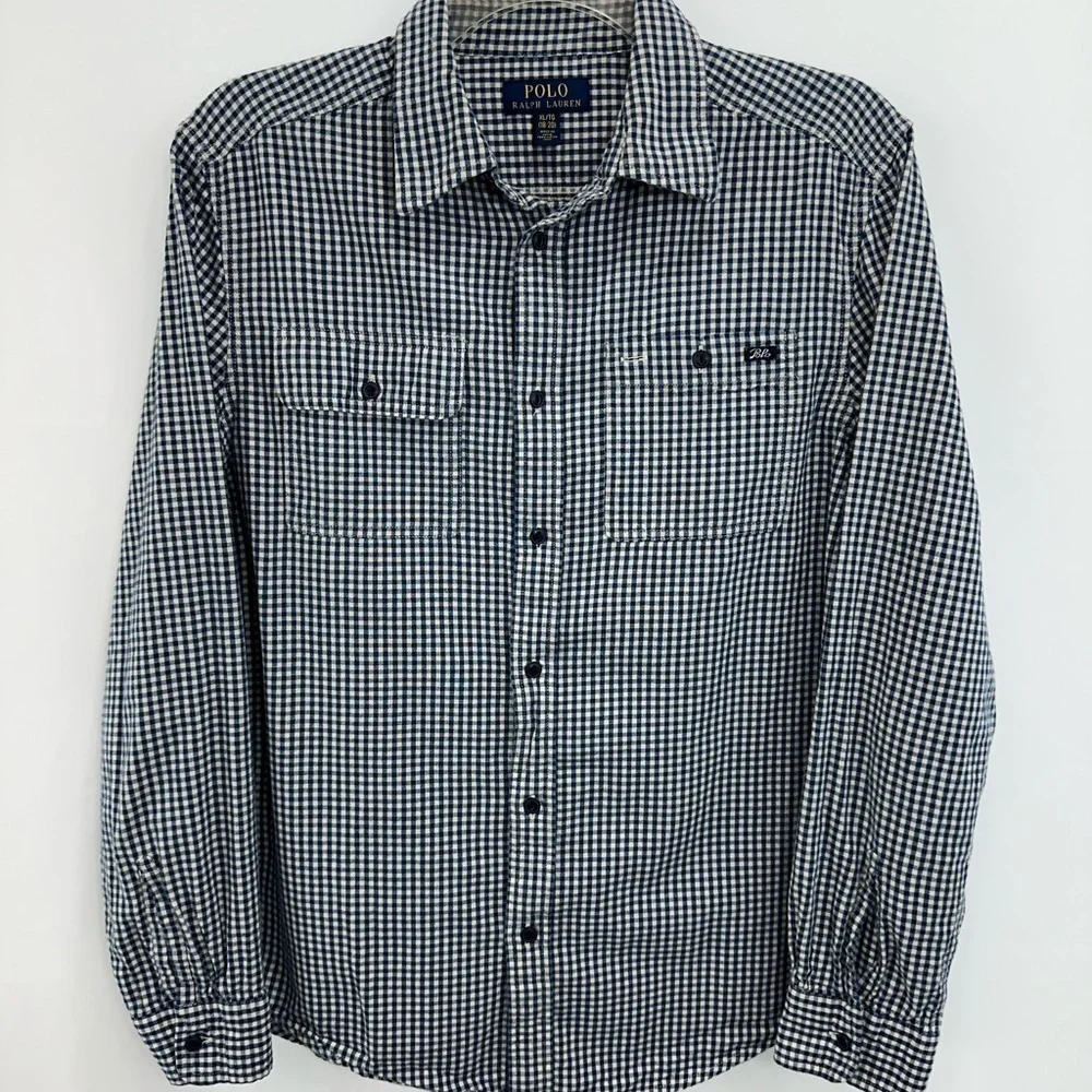 Polo Ralph Lauren Boys Button Down Shirt XL 18-20 Dark Blue White Check Cotton